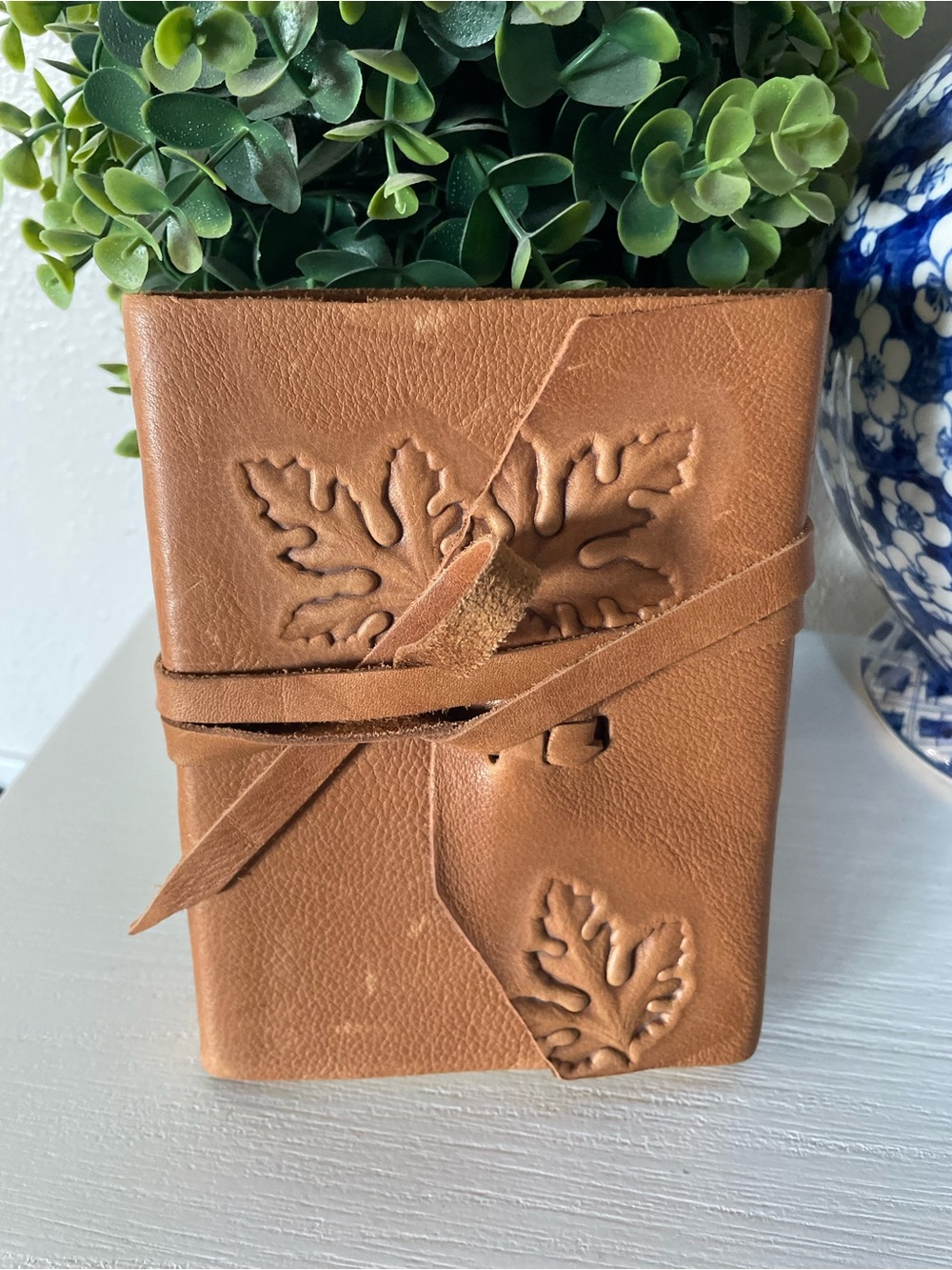 Barnes and Noble Cognac Leather Embossed Leaf Journal with Tie Closure